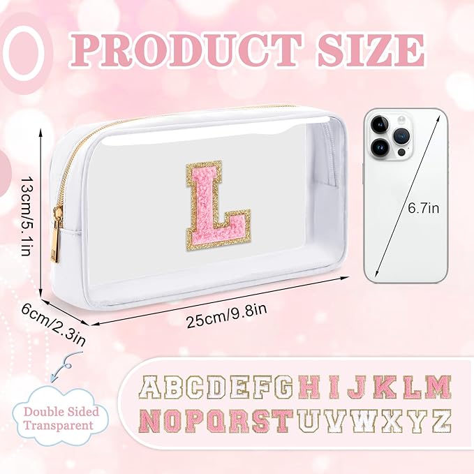 Small Clear Personalized Initial Makeup Bag,Nylon Preppy A-Z Chenille Letter Patch Cosmetic Pouch Beach Toiletry Bag,Waterproof Zipper Travel Purse Storage Bag Organizer for Women Girls(White-Pink L)