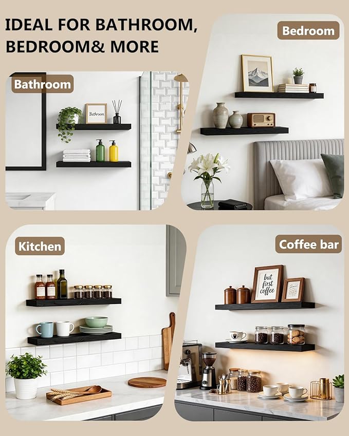 WALI Floating Shelves for Wall, 2 Tier Bathroom Storage Shelf Over Toilet, for Bedroom Bookshelf, Living Room Decor, Kitchen, Nursery, Laundry, Soundbar Floating Shelf Mount Under TV (CS102L), Black