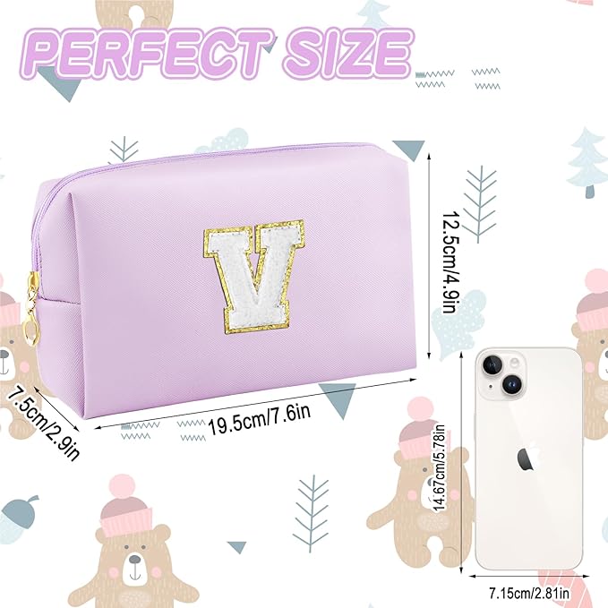 Gifts for Girls Initial Makeup Bag Personalized Cosmetic Bag with Zipper Cute Travel Toiletry Bag Waterproof PU Preppy Makeup Pouch Birthday Gift for Teen Girls Women(Purple V)