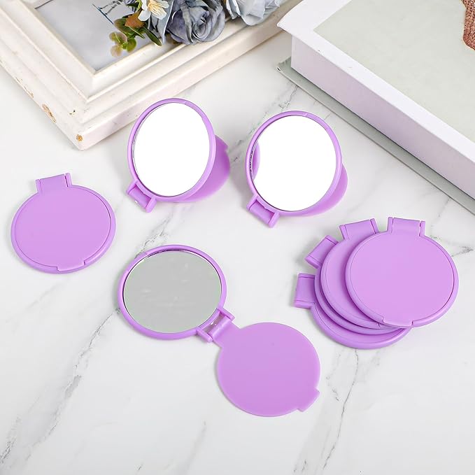 50 Pcs Round Compact Folding Portable Pocket Mirror for Purse Mini Folding Makeup Mirrors Bulk Vintage Travel Makeup Mirror for Women Daily Use (Purple)