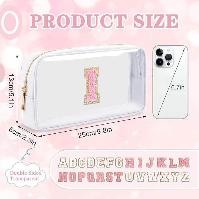 Small Clear Personalized Initial Makeup Bag,Nylon Preppy A-Z Chenille Letter Patch Cosmetic Pouch Beach Toiletry Bag,Waterproof Zipper Travel Purse Storage Bag Organizer for Women Girls(White-Pink I)
