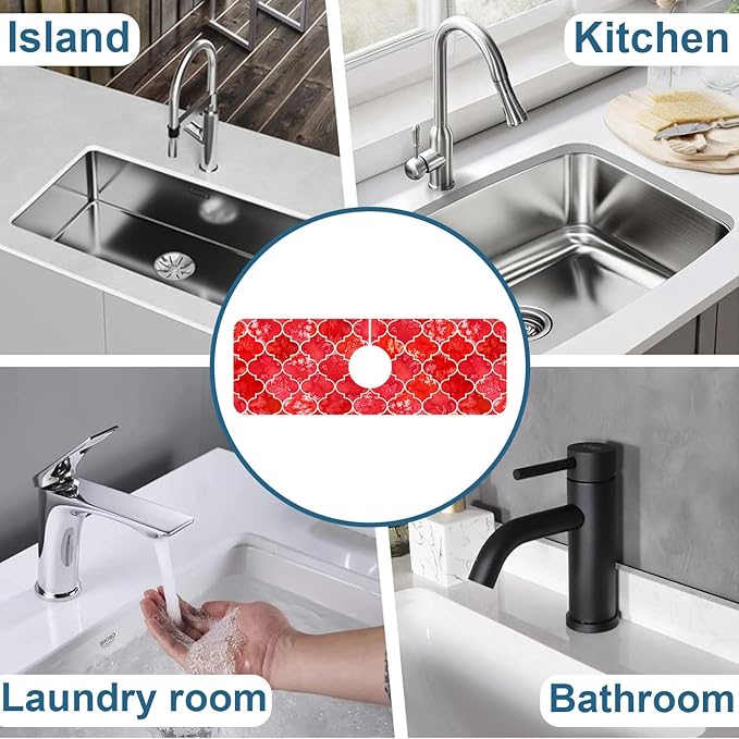 Watercolor Moroccan Marbled Kitchen Sink Splash Guard Faucet Mat Red Tiles Super Absorbent Fast Drying Mat Sink Splash Guard Behind Faucet for Kitchen Bathroom, 15.5"x5.5"