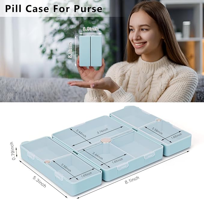 FYY Daily Pill Organizer,2 Pcs 7 Compartments Portable Pill Case Travel Pill Organizer,[Folding Design] Pill Box for Purse Pocket to Hold Vitamins,Cod Liver Oil,Supplements and Medication-Blue