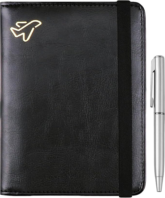 WALNEW Passport Holder for Travel, RFID Passport Cover Wallet for Women Men, PU Leather Passport Book Card Holder Case with Pen, Travelling Essentials for Flying