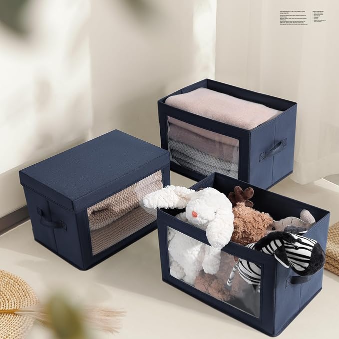 Foldable Storage Boxes with Clear Window - Clothes Organizers and Storage, Decorative Bins with Lid, Fabric Storage Cube, Storage Baskets for Shelves, Yarn, Home, Navy Blue, 3 Pack