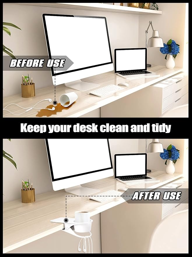 2PCS Drinking Cup Holder Clip, Kalolary Desk Bottle Cup Stand DIY Glass Clamp Storage Saucer Clip Water Coffee Mug Holder Saucer Clip Design for Home & Office, White