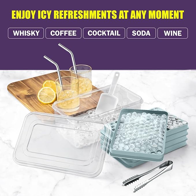 0.55in Mini Ice Cube Trays - Tiny Pebble Ice for Iced Coffee & Cocktails - Fast Chill, Easy Twist Release - Stackable with Lid, Storage Bin, Tongs, 2 Straws (4 pack, Blue)
