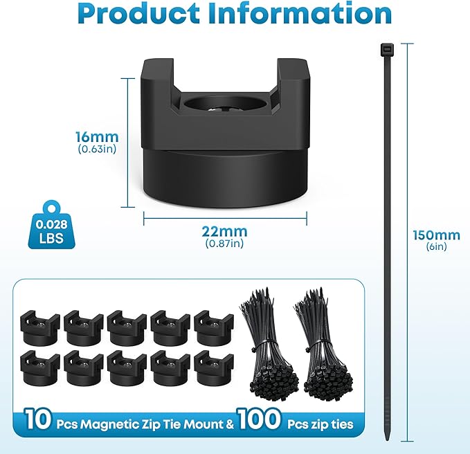 110pcs Magnetic Cable Zip Tie Mounts (100pcs Cable Zip Ties & 10pcs Magnet Cable Mount) Magnetic Zip Tie Mount Heavy Duty, Magnetic Wire Clamps, Magnetic Zip Tie Holders, Magnetic Wire Clips