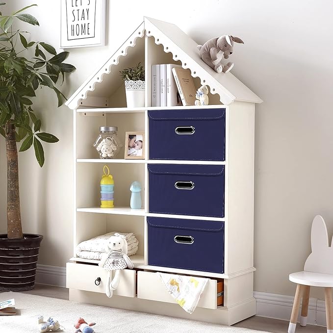 Linen Fabric Foldable Collapsible Storage Cube Bin Organizer Basket Fabric Storage Bins with Lid, Leather Handles, Removable Divider for Home, Closet,Navy Blue 3Pcs