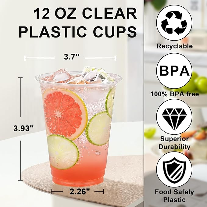 Lamosi 100 Pack 12 oz Clear Plastic Cups, Disposable Cups Wine Cocktail Punch, Sturdy & Food Safe Plastic Cup for Party & Wedding