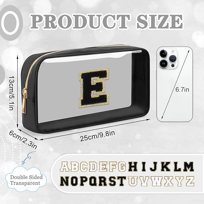 Small Clear Personalized Initial Makeup Bag,Nylon Preppy A-Z Chenille Letter Patch Cosmetic Pouch Beach Toiletry Bag,Waterproof Zipper Travel Purse Storage Bag Organizer for Women Girls(Black-Black E)