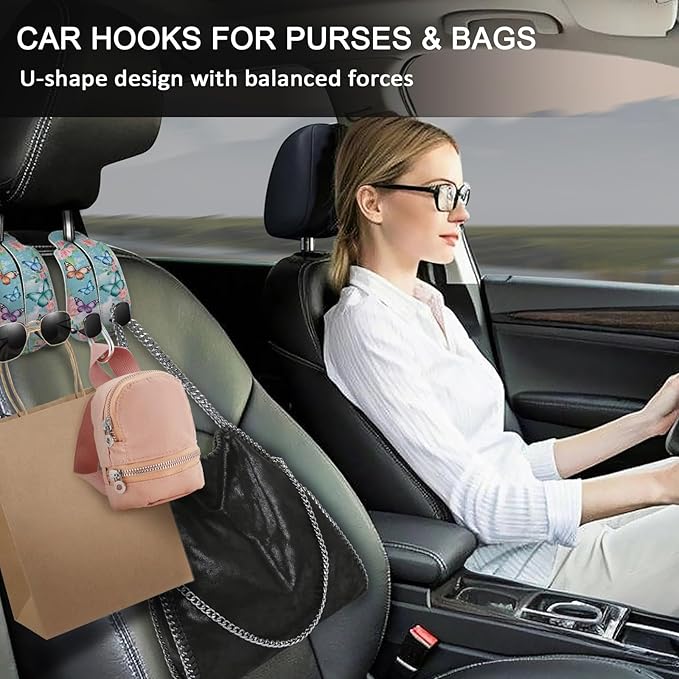 Blusabaca 2PCS Car Seat Back Storage Headrest Hooks, Butterfly Purse Holder Bags Hanger, PU Leather Double Metal Hook for Backseat Organizer, Women Car Accessories Organization