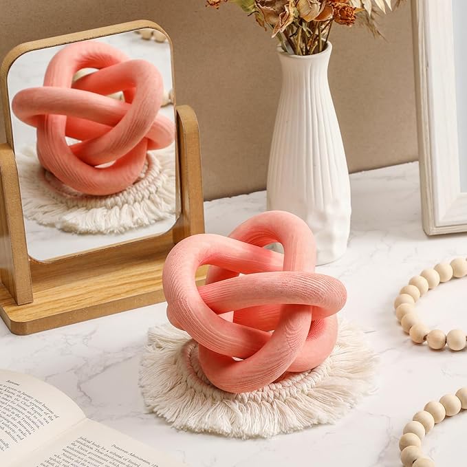 3 Link Wood Knot Decor - Hand Carved Coffee Table Decoration, Boho Chain Link Decor, Modern Shelf, Rustic Objects for Home Living Room Bedroom(Pea-Pink)