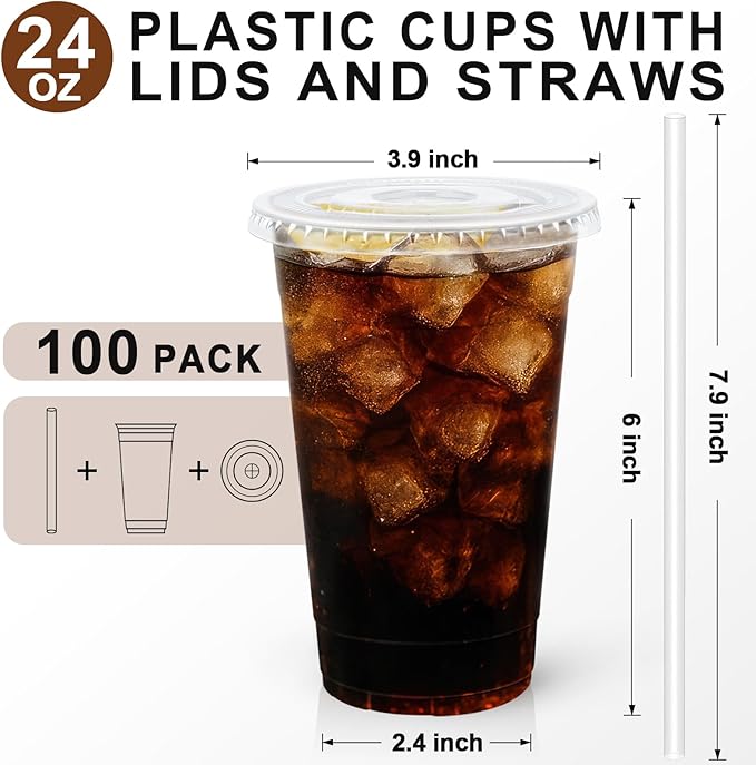 Lamosi 100 Pack 24 oz Clear Plastic Cups with Lids and Straws, Disposable Iced Coffee Cups with Lids for To-Go Cold Drinks, Smoothies and Slushie