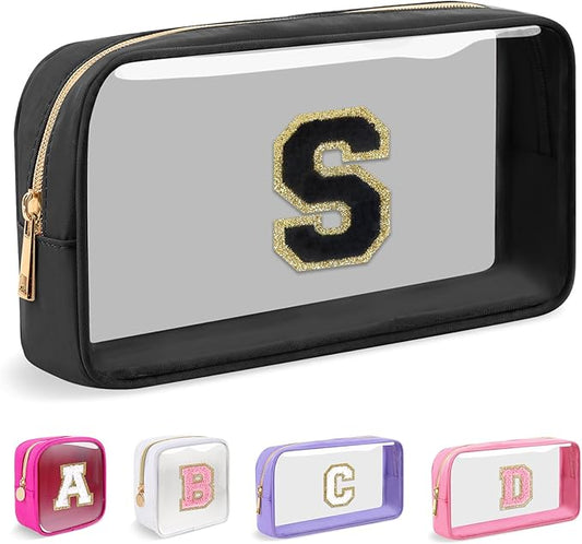 Small Clear Personalized Initial Makeup Bag,Nylon Preppy A-Z Chenille Letter Patch Cosmetic Pouch Beach Toiletry Bag,Waterproof Zipper Travel Purse Storage Bag Organizer for Women Girls(Black-Black S)