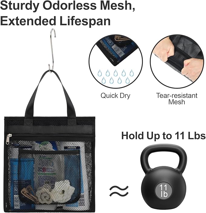 F-color Mesh Shower Caddy Portable Hanging - 3 Pockets Small Shower Bag Tote for Camping, Gym, Travel, Toiletry, Quick Dry Bathroom Essentials with S Hook, Black
