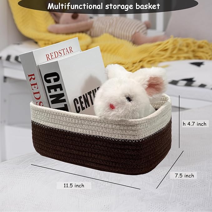 COMFY-HOMI 11.5"x7.5"x4.7" Storage Baskets for Organizing | Cotton Rope Woven Basket | Toy Storage Bin Box | Basket for Shelves, Closet Organizer Bin, Decorative Closet Shelf, 1 Pack,dark brown/white