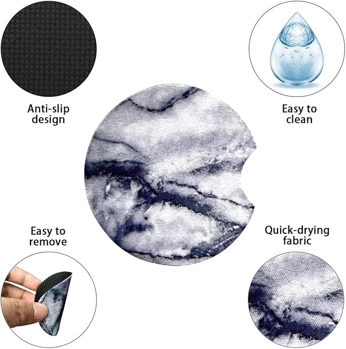 2 Pack Car Coasters for Drinks Absorbent - 2.75 Inch Cute Car Cup Holder Coasters for Women, Removable Cup Holder Coaster for Your Car, Car Interior Accessories for Women & Girls (White Marble)
