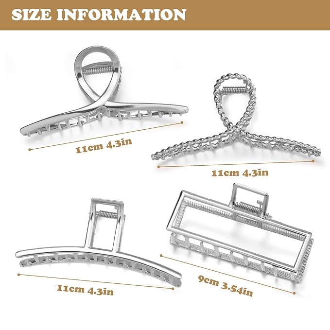 4 Pack Large Metal Hair Clips for Thin to Thick Curly Hair, 4.3 Inch Big Nonslip Silver Color Clamps, Perfect Fashion Jaw Claw Hair Styling Accessories for Women and Girls