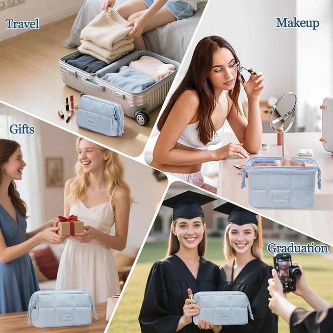 Makeup Bag Travel Toiletry Bag - Puffy Padded Make Up Bag, Waterproof Cosmetic Bag with Multiple Compartments, Wide-open Makeup Pouch for Cosmetics, Toiletries, and Travel Essentials, Blue