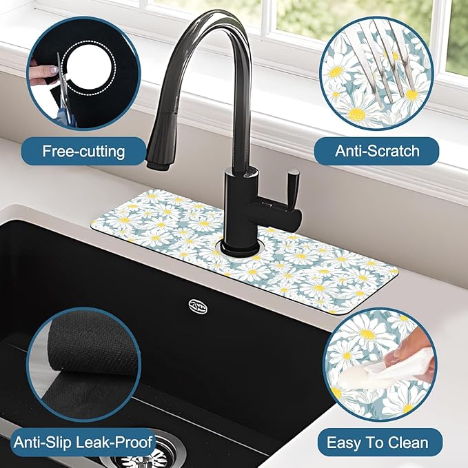 White Flower Sink Splash Guard Cute Chamomile Faucet Absorbing Mat Fast Drying Mat Sink Gadgets Splash Guard Behind Faucet Drip Catcher for Kitchen Bathroom, 15.5"x5.5"