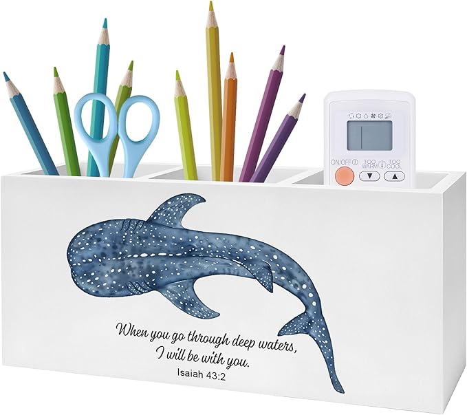 Whale Shark Bible Verses Pen Pencil Holder, Inspirational Christian Desk Decor, When You Go Through Deep Waters Scripture Pencil Pen Holder Organizer for Home Office Desk Accessories