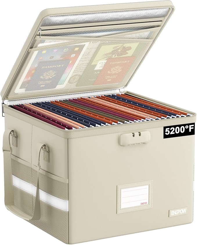 ENGPOW 5200°F Fireproof Document Box with Lock, Heat-Insulated Collapsible File Storage Organizer Box with Handle, Portable Home Office File Cabinet for Hanging Letter/Legal Size Folders, Beige