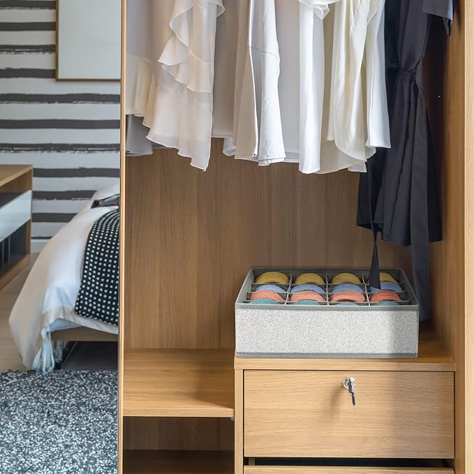 Joyoldelf Sock Drawer Organizer Divider Underwear Organizer 16-cell Fabric Dresser Drawer Organizers Storage Boxes for Socks, Lingerie, Handkerchiefs, Ties 2 Packs Gray