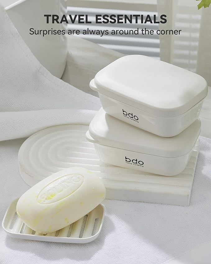 Travel Essentials Soap Holder with Lid,Leakproof Soap Dish with Drainage Layer, Portable Travel Soap Bar Case for Camping, Gym, Bathroom,Kitchen,Dormitory,Hotel(White)