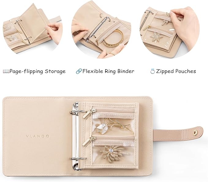 Vlando Small Jewelry Book Organizer - Leather Travel Jewelry Case with 5 Detachable Pages for Necklaces, Rings, Earrings, Tangle-Free, Giftable, Seashell Pink