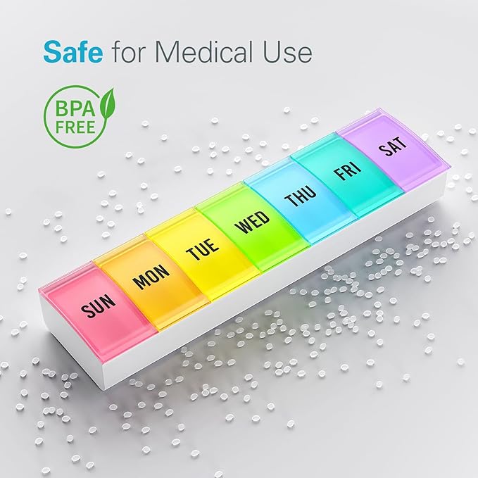 Barhon Medium Size Pill Organizer Weekly, 7 Day Medicine Pill Organizers, Daily Pills Box Case Travel for Big Vitamin Supplements Fish Oil, Multi-Colored