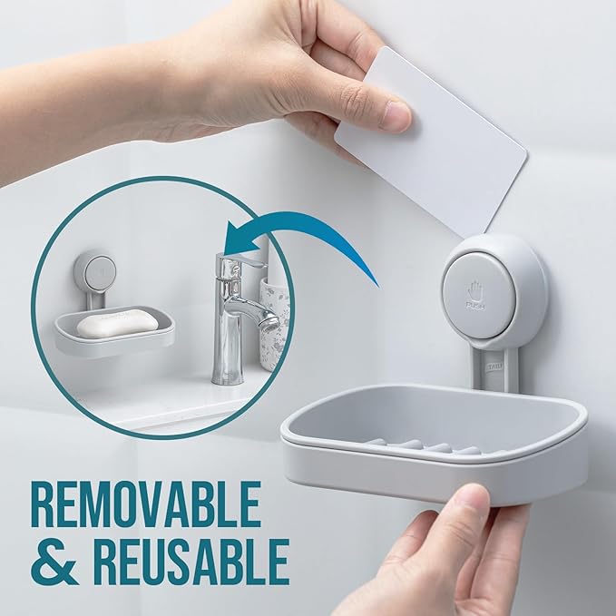 TAILI Soap Dish Bar Holder Suction Cup, SoapSaver with Powerful Vacuum Suction, Sponge Holder for Shower, Bathroom, Tub and Kitchen Sink, Universal Shower Accessories, Drill-Free, Removable, 2 Pack, Grey
