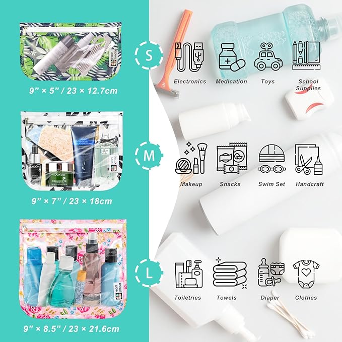 TSA Approved Toiletry Bag, Set of 3 Clear Travel Toiletry Bag Quart Size Zipper Travel Pouch, Waterproof Makeup Cosmetic Bag for Women Men Kids Toiletries Carry on, Flowers