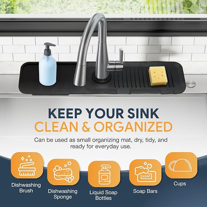 24” Silicone Faucet Mat For Kitchen Sink, Kitchen Sink Splash Guard Behind Faucet, Kitchen Faucet Mat For Kitchen Sink, Kitchen Sink Faucet Mat Splash Guard and Sink Water Splash Guard (Black)