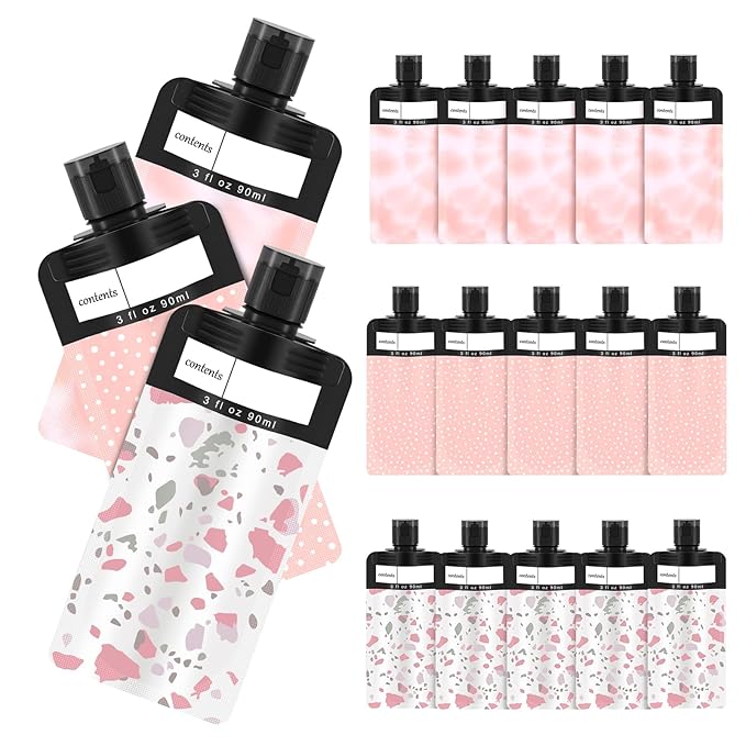 18 Pack Travel Pouches for Toiletries, TSA Approved Travel Pouches for Liquids, Travel Shampoo and Conditioner Pouches, Leak Proof 3oz Travel Squeeze Pouches (Pink)