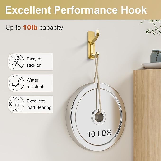 niffgaff Wall Hooks for Coat and Towel: 13lb Adhesive Door Hanger Stick On, Sticky Hook for Wall, Closet, Bathroom - Stainless Steel, Brushed Gold, 6 Pack