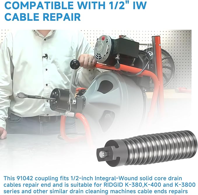 91042 Cable Repair Coupling Suitable for RIDGID Drain Cleaner Fittings, 1/2-Inch IW Sewer Drain Cleaner Snake Cable Repair End Connector Replacement Parts for K-400 Tip Accessories Adapter