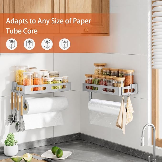 Paper Towel Holder Wall Mount with Shelf, Easy One Hand Tear, Adhesive Glue or Drill Mount Hanging Paper Towel Holder with Shelf for Kitchen/Bathroom/RV, Silver Metal, 4 Hooks