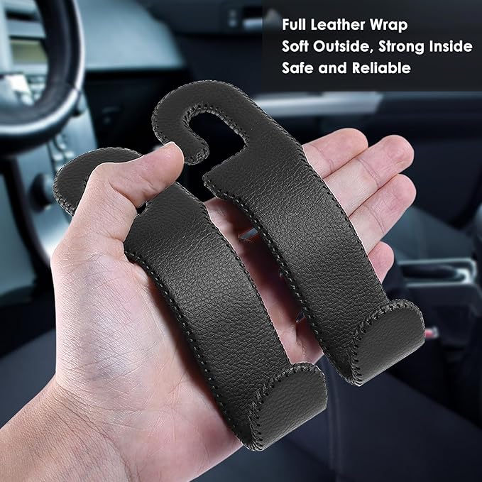 AMVOYOA Leather Car Seat Hooks - U-Shaped Purse Holder for Car, Fully Leather-Wrapped Headrest Hooks for Purses, Bags & Coats, Durable Seat Back Organizer for Travel & Daily Use (Black, 2 Pack)