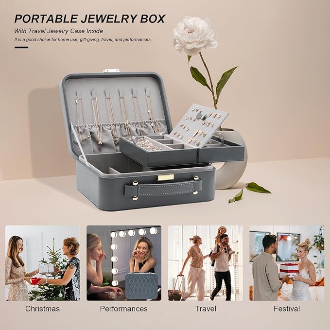 Travel Jewelry Case Large, Jewelry Box Large Jewelry Travel Organizer Jewelry Case with Handle, Best Gift for Women Girls, Grey