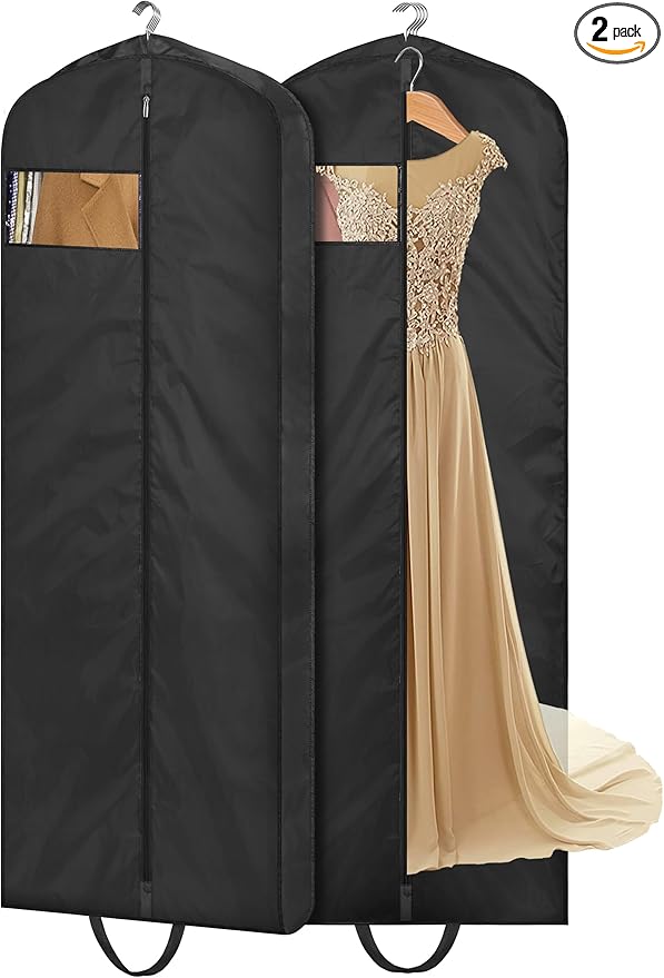 MISSLO 65" Long Garment Bags for Travel Dress Bags for Hanging Clothes Wedding Dress Cover Waterproof Clothes Protector for Closet Storage 2 Packs for Gowns, Tuxedos, Coats, Black