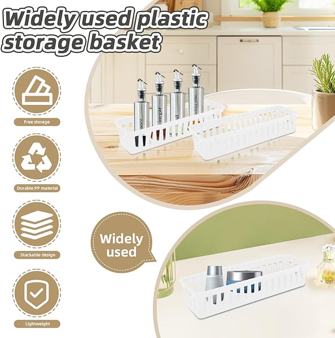 12 Pack White Slim Plastic Storage Baskets, Small Stackable Drawer Organizer Trays for Classroom, Desk, Vanity, Bedroom, Bathroom, Kitchen and Garage