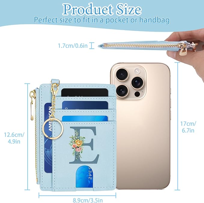Slim Card Holder for Women, Initial Slim Wallet for Women RFID Blocking Thin Travel Wallet,PU Leather Credit Card Holder, Personalized Birthday Gifts for Women Sister Mom Daughter（Blue）