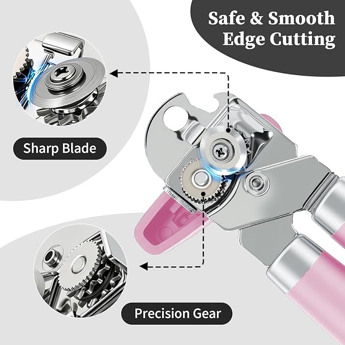 Can Opener Manual, Hand Heavy Duty Stainless Steel Bottle Opener Comfortable Handle, Sharp Blade Smooth Edge, Multifunctional Kitchen Tool, Pink