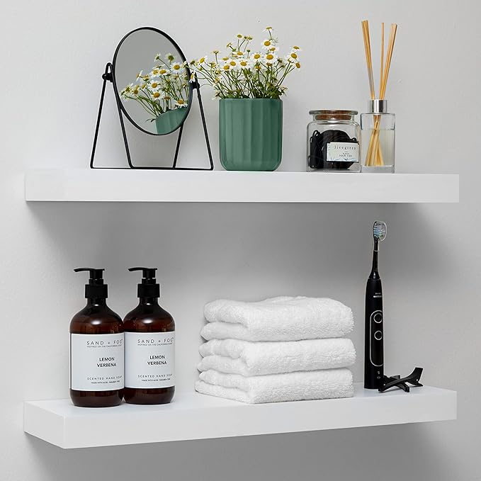 Homeforia White Floating Shelves 24 inch, High-End Solid Real Wood 24inch Bathroom Floating Shelf for Wall Mounted, White Wooden 24in Floating Shelves, Heavy Duty Bracket, 24 X 6.5 X 1.75 in, Set of 2