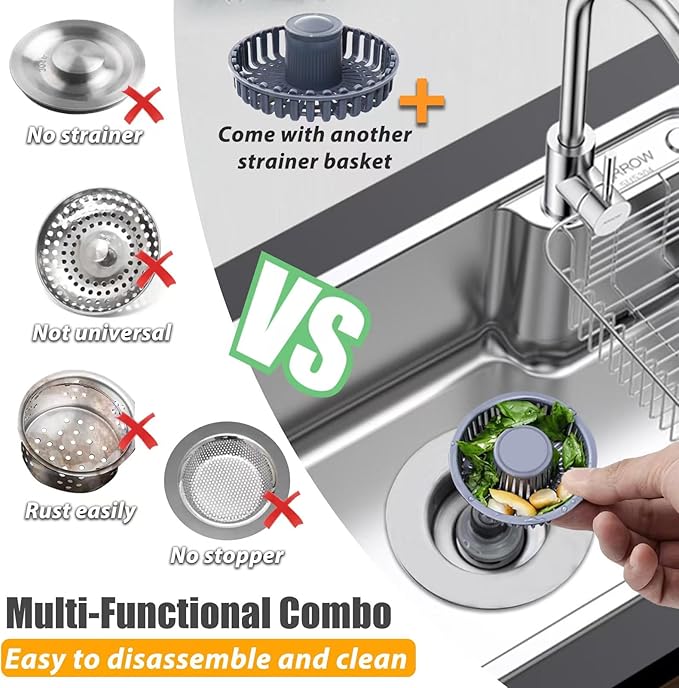 Kitchen Sink Drain Strainer, 3-in-1 Pop-Up Kitchen Sink Stopper, with an Extra Basket Strainer, Universal for US Standard 3-1/2 Inch, Chrome Silver
