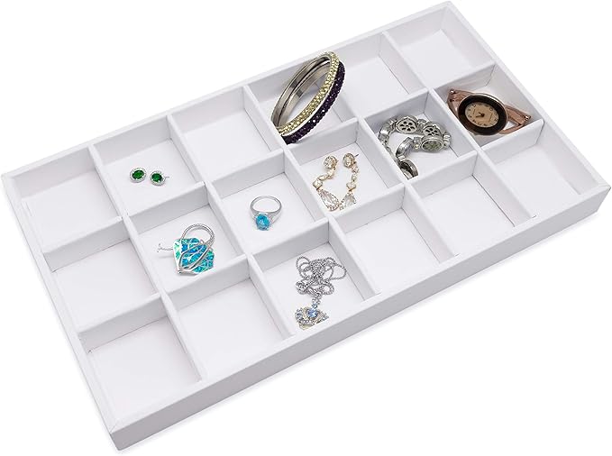 The Display Guys - Stackable Jewelry Tray and Organizer - for Drawers, Dressers, Store Display (18 Compartments, White Leatherette)