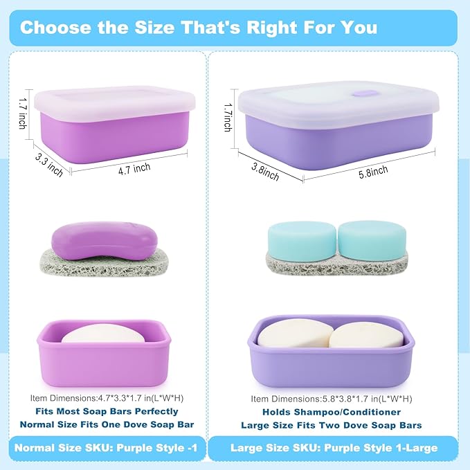 Travel Soap Case, Leak Proof Travel Soap Container, Silicone Soap Box with Drainage Layer, Shatterproof Soap Holder for Travel, Camping, Gym (Purple, Regular)