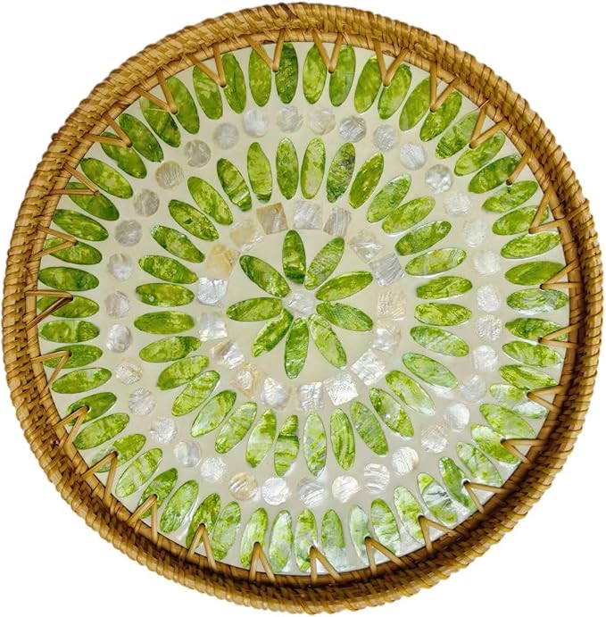 Handmade Round Rattan Tray with Mother of Pearl Inlay, Rattan Service Tray with Wooden Base, Table Decoration with Wicker Baskets, Storage and Display of Bread,Fruit,Desserts (Green Grape)