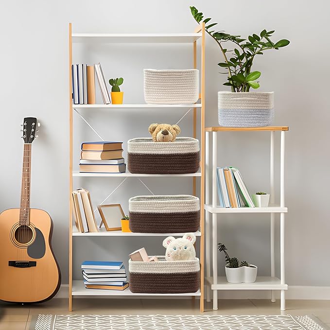 COMFY-HOMI 13" x 8.5" x 5.1"Storage Baskets for Organizing | Cotton Rope Woven Basket | Toy Storage Bin Box | Basket for Shelves, Closet Organizer Bin, Decorative Closet Shelf, 3 Pack,WHT/dark brown